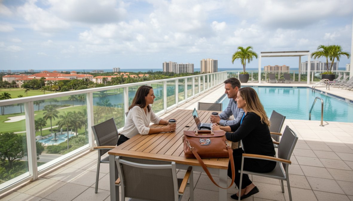 Benefits of Living Near FAU for Professionals: 2026 Guide 2 A young professional in casual clothes sitting on a sandy South Florida beach, a laptop bag resting on the sand beside them, palm trees swaying in the background, late afternoon golden light, representing coastal work-life balance in Boca Raton