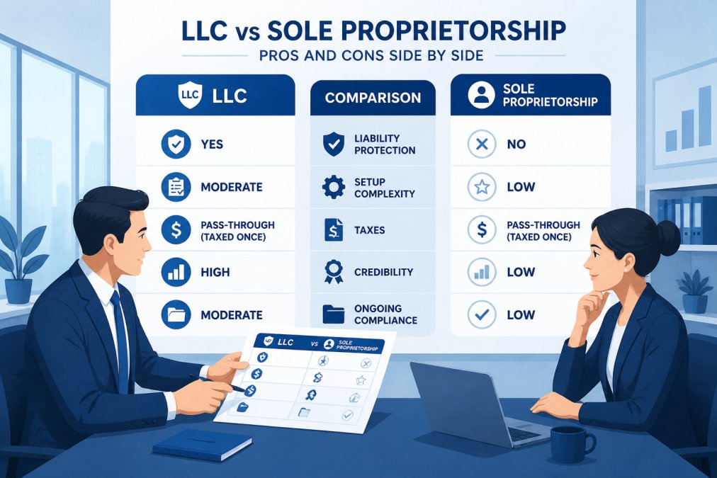 Two business professionals sitting across from each other at a conference table in a modern office, one pointing to a printed document while the other listens attentively, warm overhead lighting