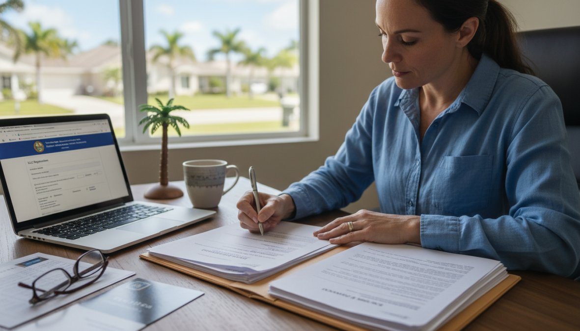 An entrepreneur at a wooden desk signing official business formation paperwork, with a laptop open showing a government filing website, a cup of coffee nearby, and morning light coming through an office window