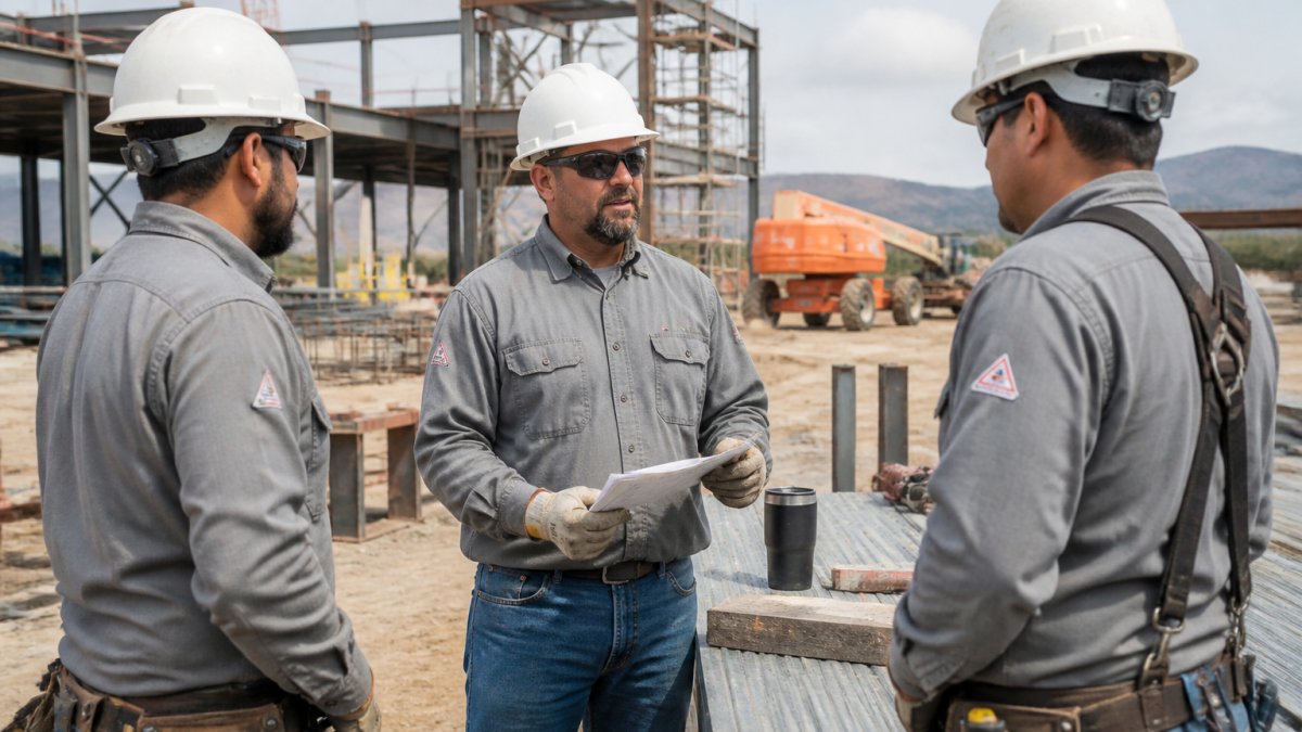 Professional construction crew wearing matching custom branded flame-resistant work shirts on active jobsite, demonstrating team coordination and professional appearance during workday