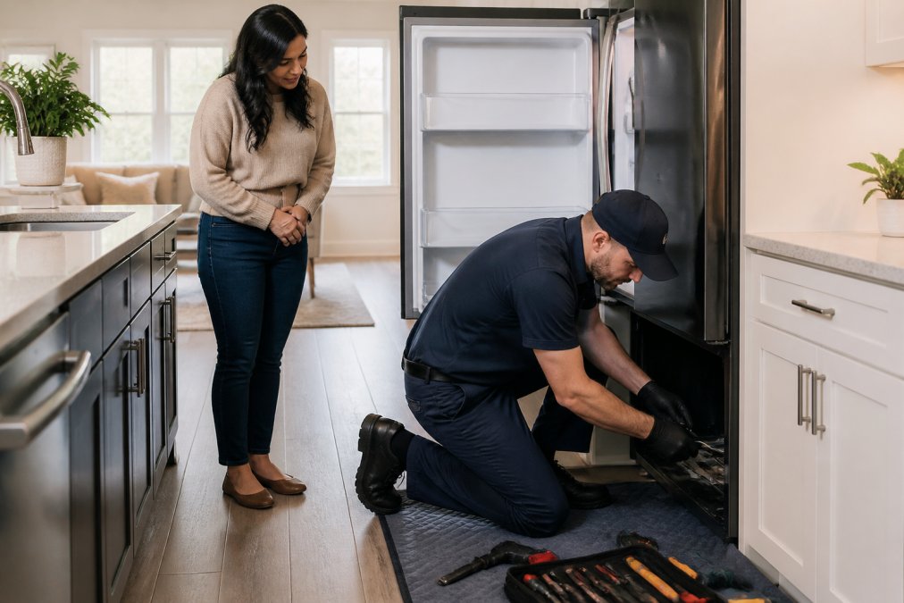 A certified appliance technician in a branded uniform kneeling beside an open refrigerator in a bright home kitchen, tools laid out on a mat, homeowner standing nearby watching
