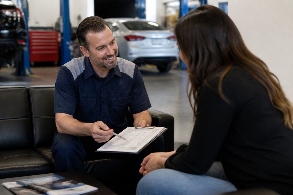 A friendly auto technician in a clean uniform explaining a repair estimate to a customer in a bright, organized shop waiting area