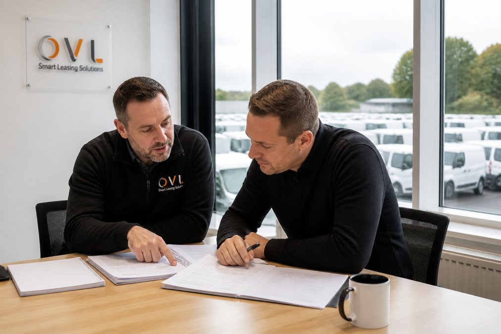 A fleet consultant and a fleet manager reviewing vehicle paperwork together at a desk in a bright modern office, with a window overlooking a van yard outside