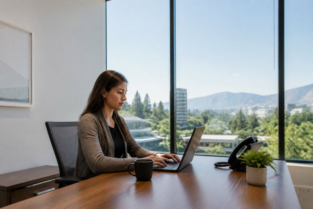 Professional working at a desk in a bright local office space with floor-to-ceiling windows.