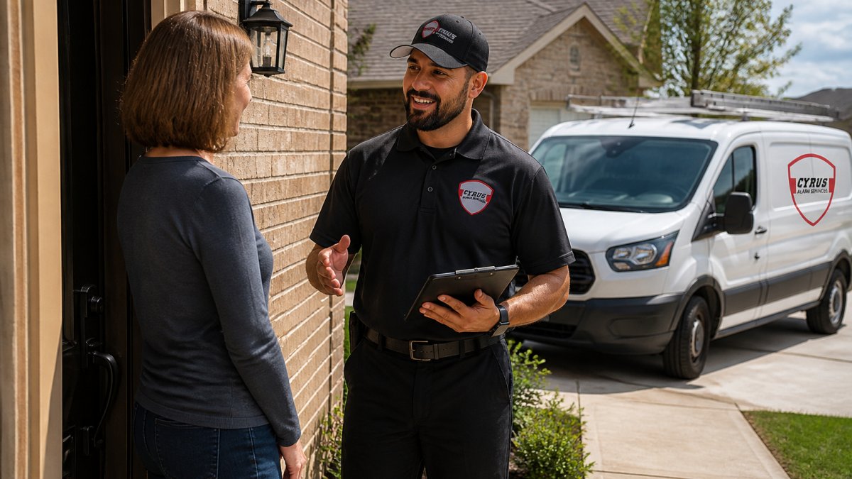 Professional security technician in uniform arriving at a residential property with a service vehicle, speaking with a homeowner at the front door