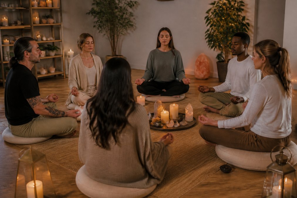 A small spiritual community sits in a circle on cushions, meditating in a warm room with candles and crystals.