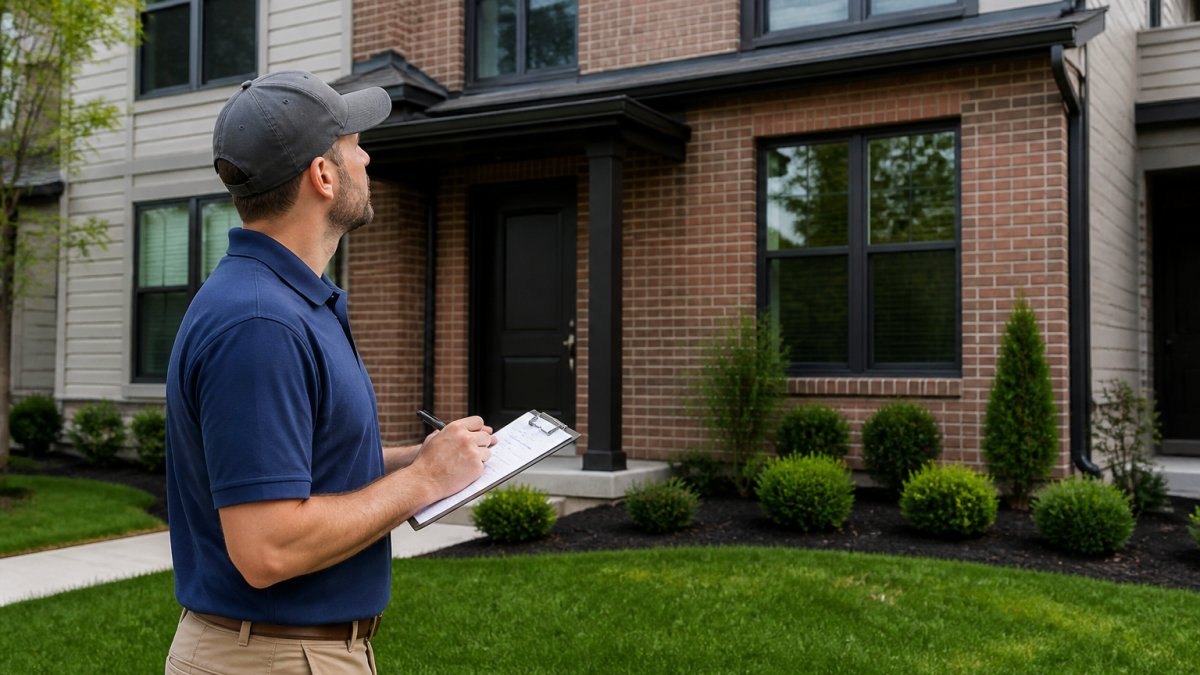 A property manager in casual work clothes inspecting a modern townhome exterior, clipboard in hand, with a neatly maintained lawn and brick facade visible behind them