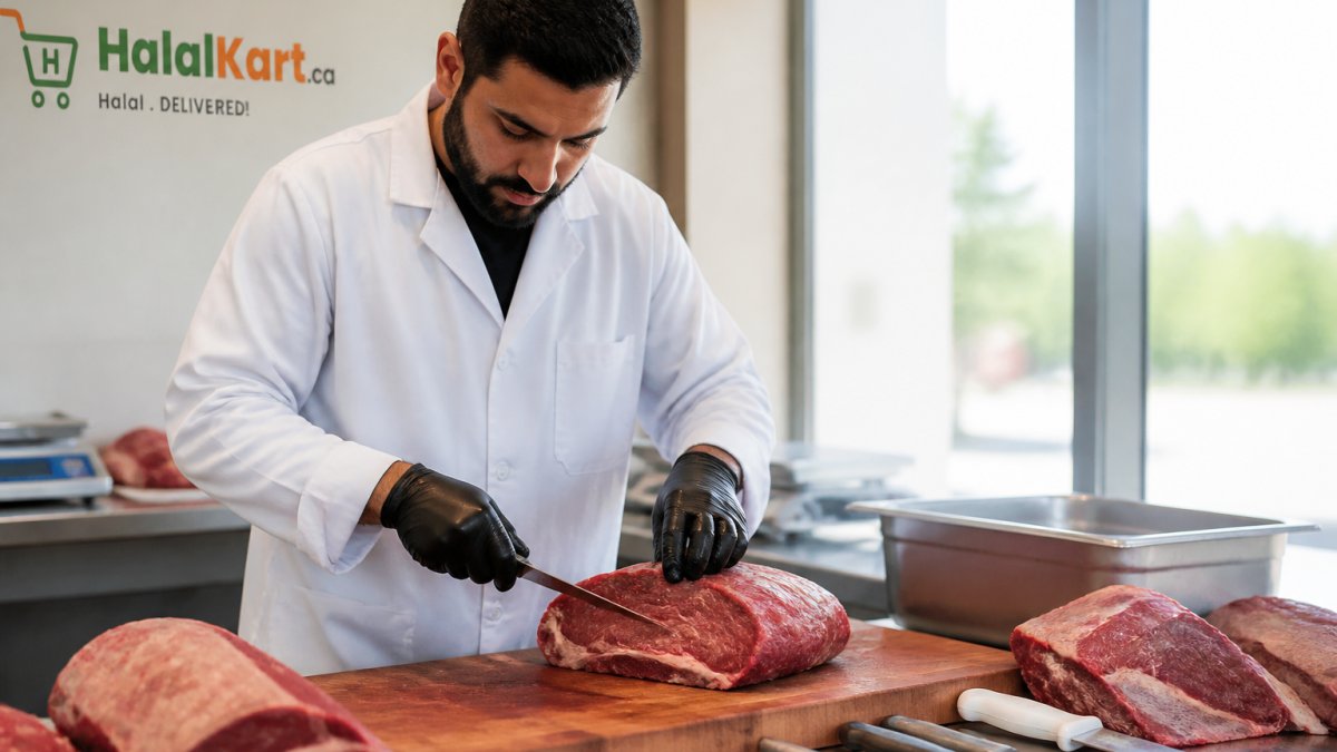 A butcher in a clean white coat carefully trimming a fresh cut of red meat on a wooden block, bright natural light from a shop window, stainless steel tools arranged nearby