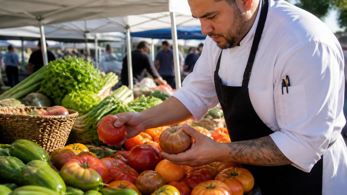 Chef's hands selecting fresh heirloom tomatoes at a farmers market stand, examining the produce with care in morning sunlight
