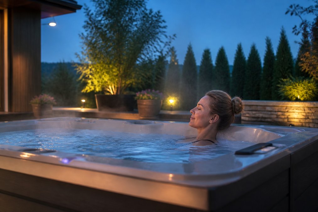 A person relaxing in a hot tub at dusk with steam rising, surrounded by soft outdoor lighting and landscaping, showing peaceful comfort and tranquility