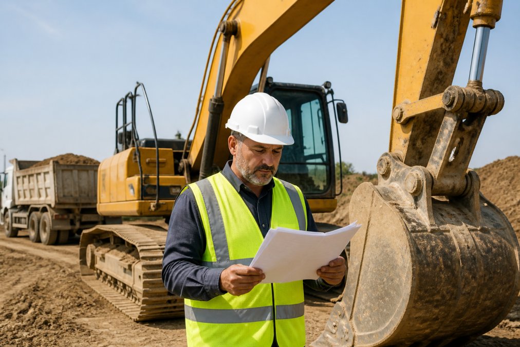 A construction site foreman in a hard hat reviewing paperwork beside a yellow excavator, with a dump truck visible in the background under clear daylight