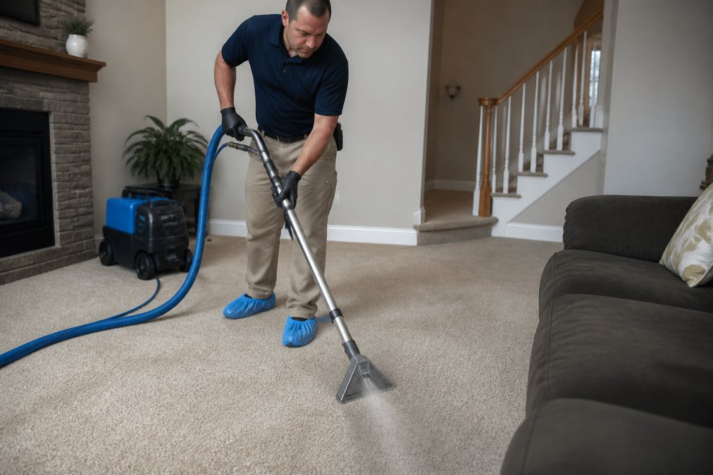 Professional technician using low-moisture carpet cleaning equipment on residential carpet, showing compact machine and minimal water spray in action