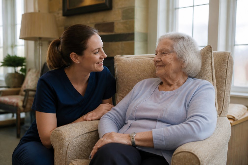 Caregiver and older adult chatting in a home-like room with a low resident to staff ratio during their visit.