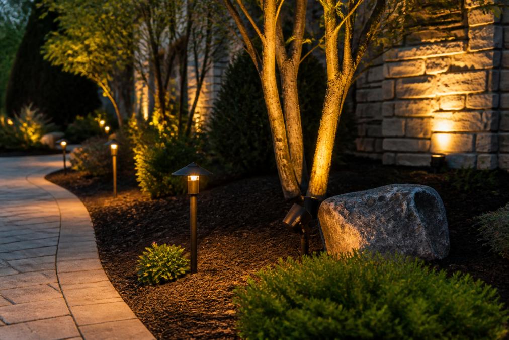 Close-up of various low-voltage landscape lighting fixtures installed in a residential garden at dusk, showing path lights along a mulched bed, uplighting illuminating tree trunks, and accent lights highlighting stone architectural features, with warm white glow