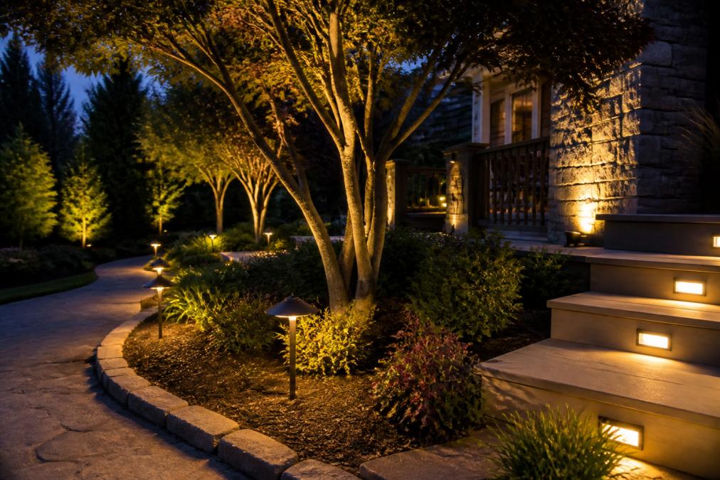 Residential landscape at dusk showing warm white low-voltage path lighting lining a curved garden bed, uplighting on mature trees creating silhouettes, accent lighting highlighting stone architectural features, and deck step lights providing safe navigation, creating layered illumination depth