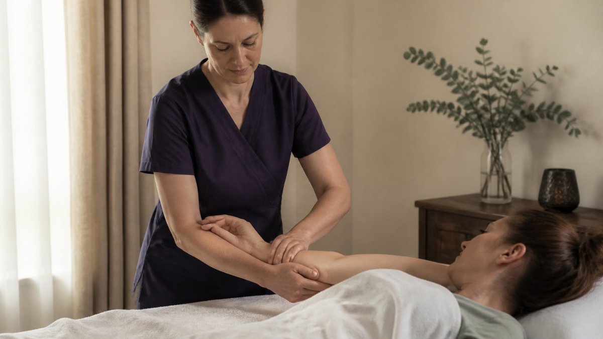 Professional demonstrating gentle lymphatic drainage massage technique on patient's arm in calm clinical treatment room with soft natural lighting