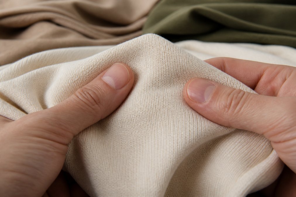 Close-up of hands touching premium organic cotton fabric, feeling the weight and texture of heavier-knit material with visible stitch detail and natural fibre structure