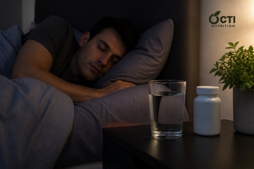 Close-up of a person sleeping peacefully in a dark bedroom with soft light, a glass of water and a supplement bottle on the bedside table