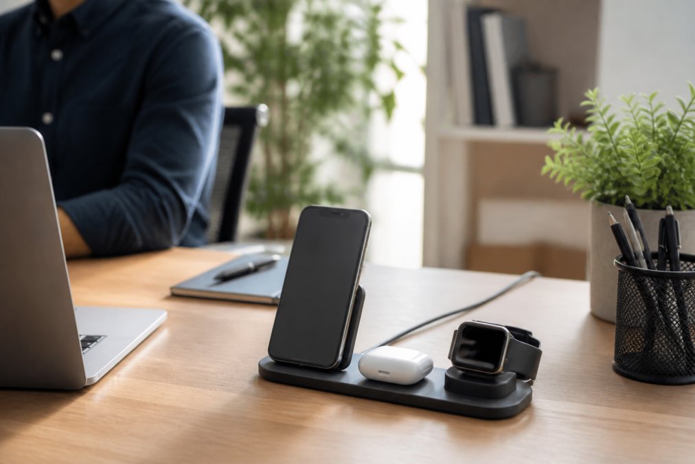 Clean home office desk with a magnetic charging pad station holding a smartphone, earbuds, and smartwatch, with minimal cables visible and organized workspace