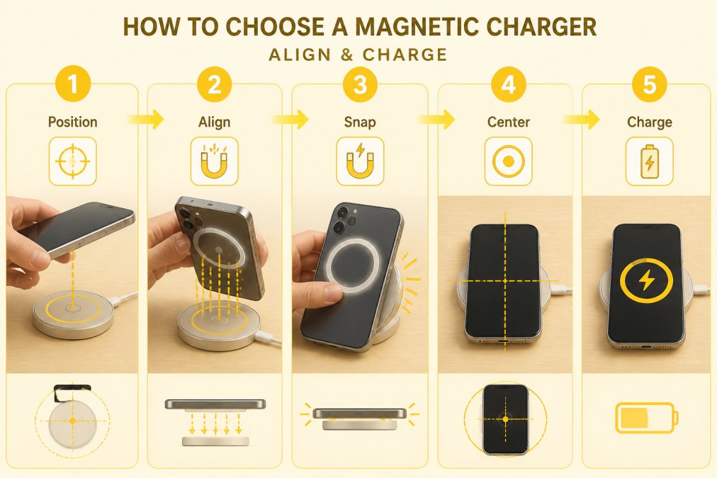 Close-up of hands aligning a smartphone with a magnetic charging pad, showing the snap-on magnetic alignment process and proper device positioning on a desk
