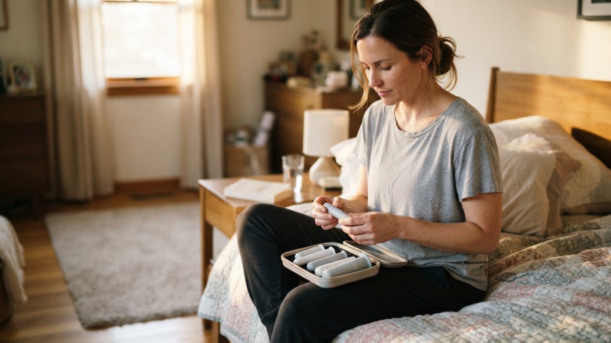 Woman in a relaxed, comfortable home setting with soft natural lighting, sitting in a peaceful environment suggesting a private, safe space for pelvic health self-care