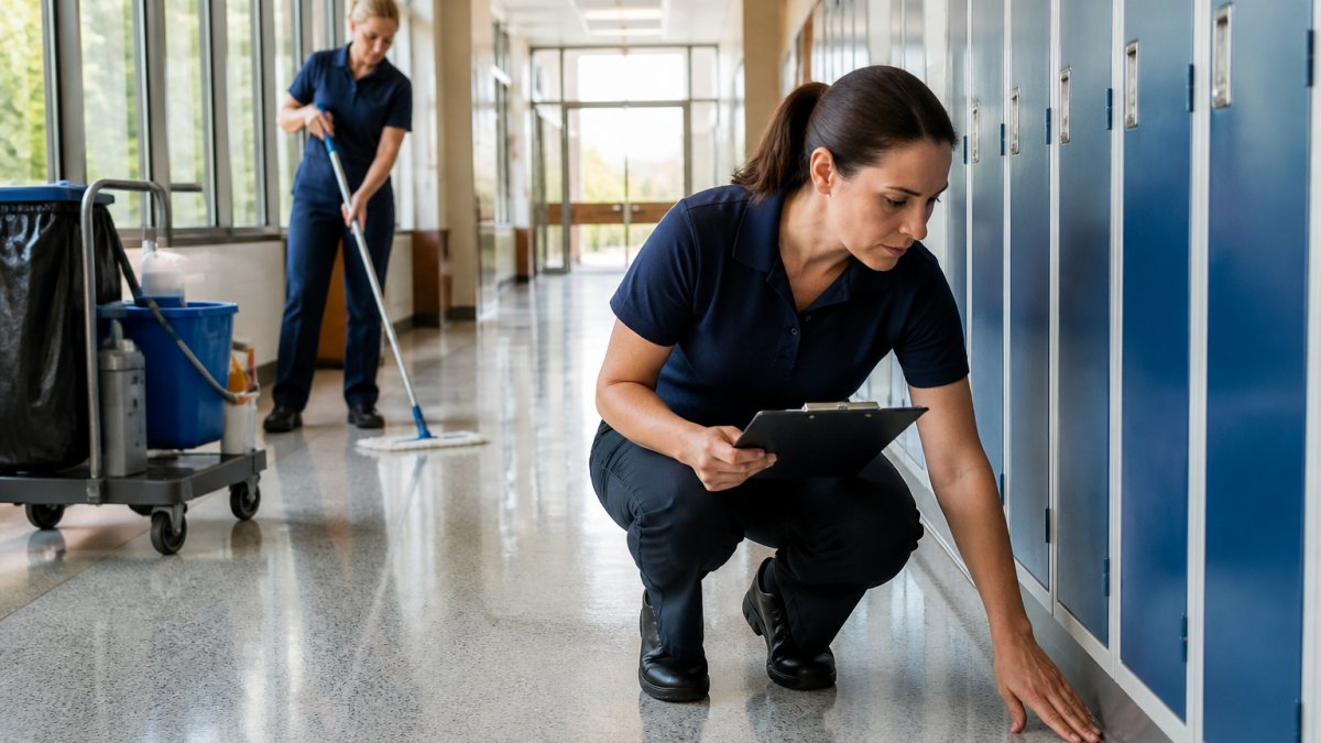 Professional cleaning staff in uniform conducting thorough inspection of school corridor surfaces, checking hygiene standards with clipboard and quality assurance checklist, bright natural lighting from windows