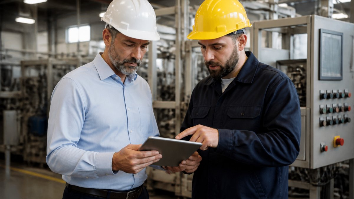 A manufacturing plant manager and an IT technician reviewing a tablet showing production data on a factory floor, with industrial equipment and control panels visible in the background