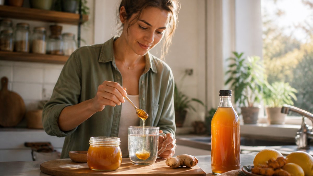 A person in a bright kitchen stirring a golden spoonful of manuka honey into a glass of warm water, with the honey jar and a wellness tonic bottle visible on the counter
