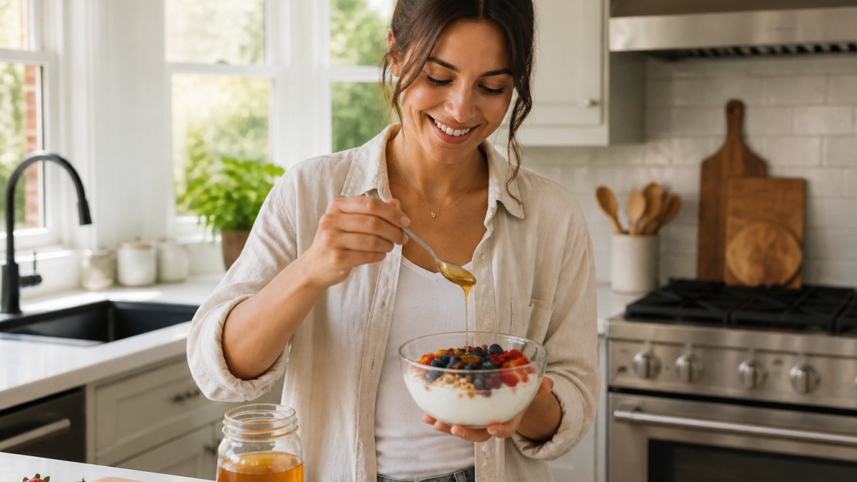 A person holding a spoon of golden manuka honey over a bowl of yogurt with fresh berries, in a bright kitchen