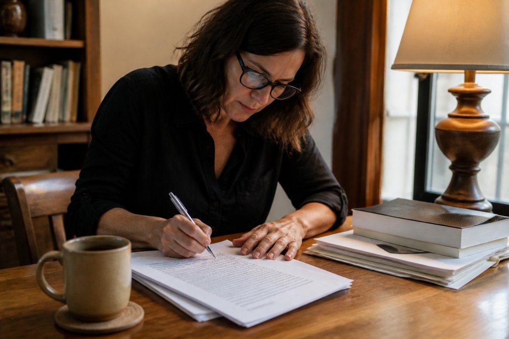 A writer sitting at a wooden desk with a printed manuscript, pen in hand, making notes in the margins, with a warm lamp and coffee cup nearby, in warm late-afternoon light suggesting focused and purposeful creative work