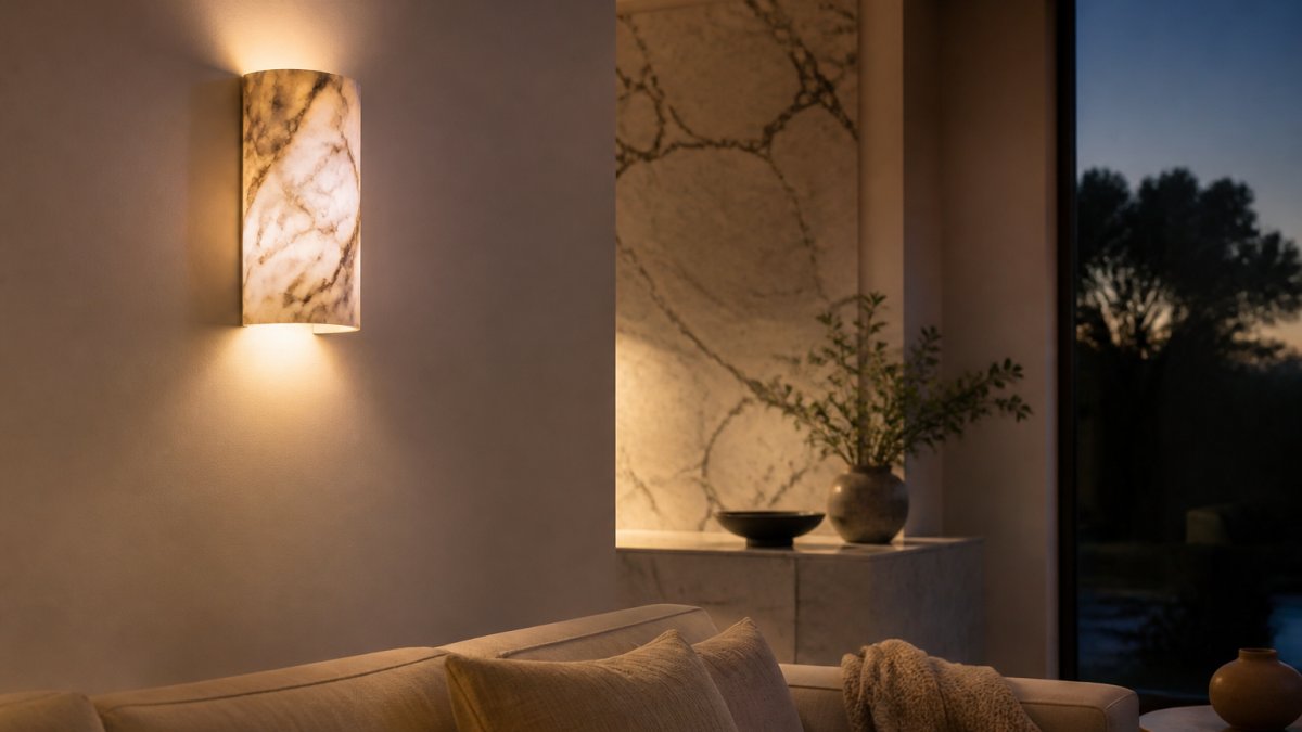 Modern minimalist living room with marble wall lamp casting soft warm light across neutral interior, natural stone details visible in surrounding décor, evening ambiance