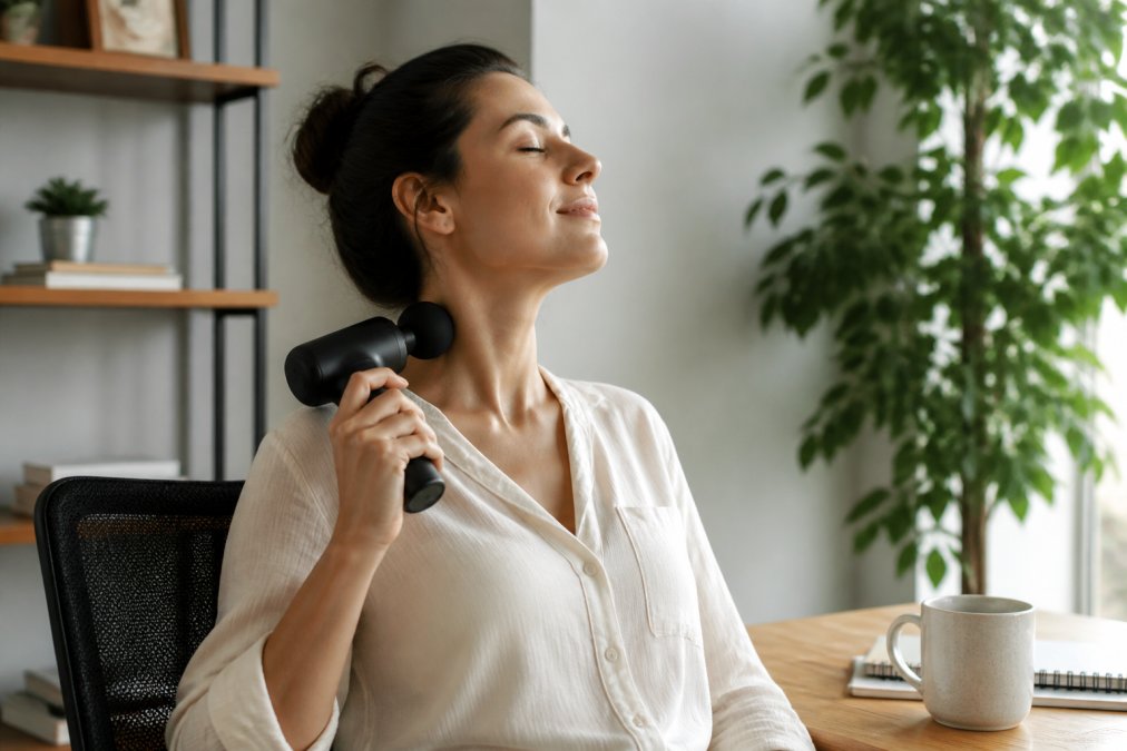 A person sitting at a desk with a handheld massager on their neck, eyes closed in relaxation, soft natural light in a modern home office