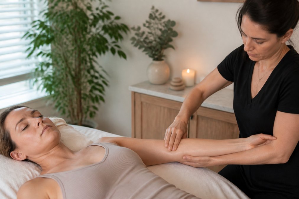 A licensed massage therapist performing gentle, rhythmic strokes on a client's arm in a calm, well-lit treatment room with soft neutral tones