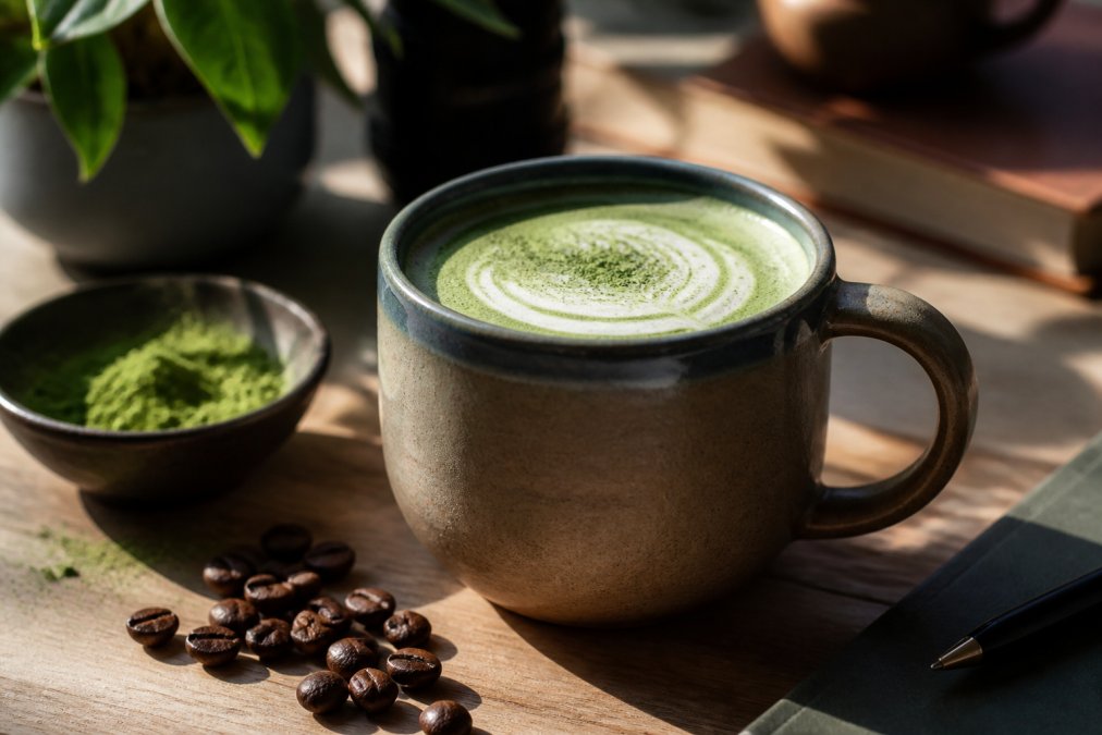 Close-up of a ceramic mug filled with a rich green-tinged coffee blend on a wooden desk, with loose matcha powder and coffee beans scattered nearby in soft morning light