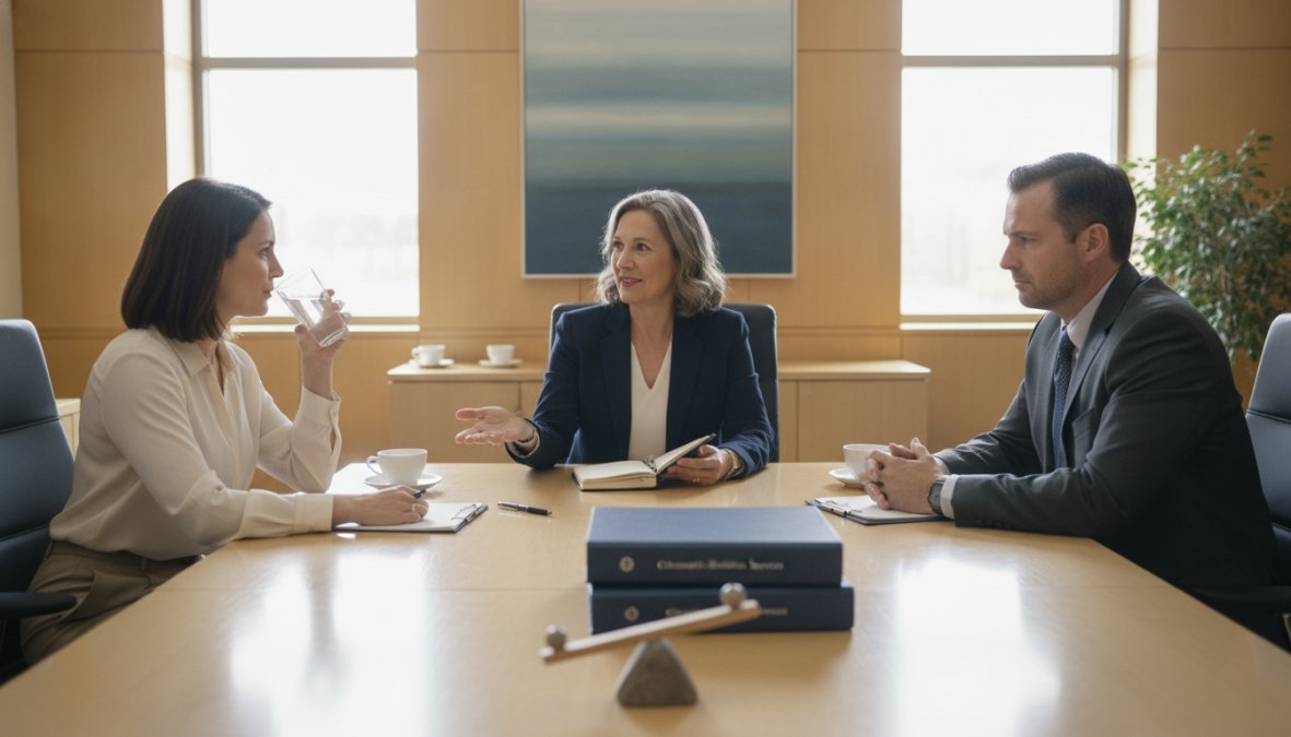 Professional mediator in business attire facilitating discussion between two business professionals seated across a polished conference table in a neutral, well-lit meeting room