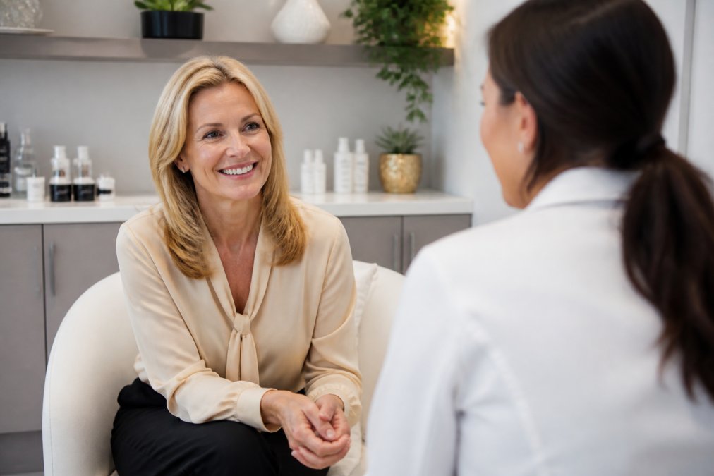 Confident woman in her 50s smiling naturally at a professional consultation, seated in a modern welcoming medical office with soft lighting and contemporary furnishings
