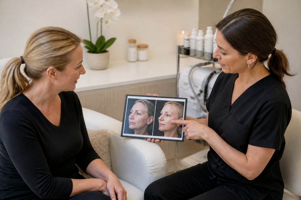 Qualified medical aesthetics professional discussing treatment options with patient while showing before-and-after photos in a clinical setting with professional lighting and consultation room setup