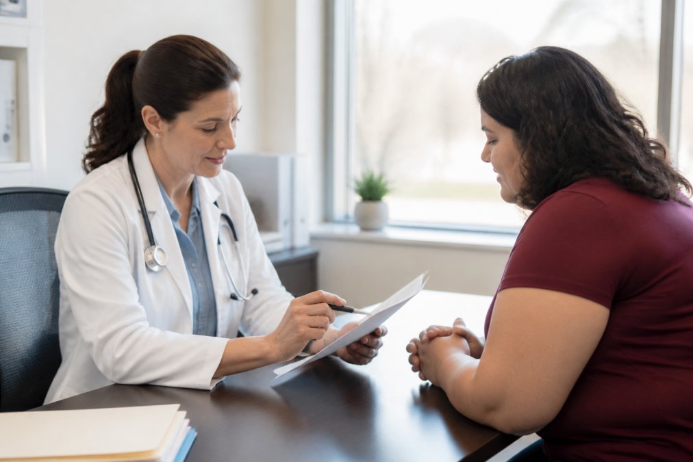 A physician in a white coat reviewing a patient's lab chart and discussing a treatment plan across a desk in a bright, modern clinic office with natural window light