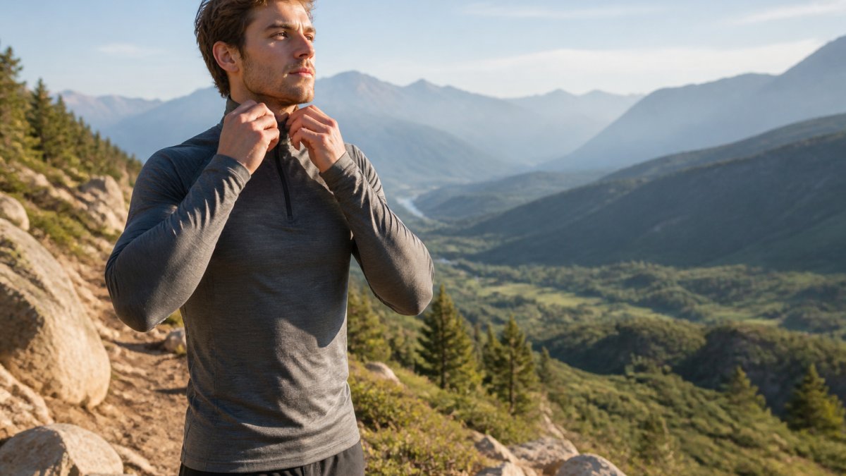 A hiker on a rocky mountain trail wearing a fitted merino wool base layer, adjusting the collar while looking out over a green valley under soft morning light