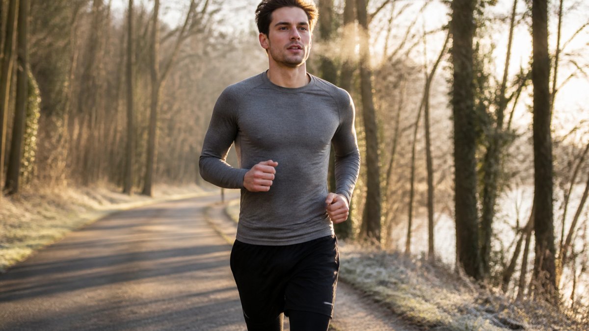 A runner in a lightweight merino wool base layer jogging along a tree-lined path on a cool morning, breath visible in the air, focused expression