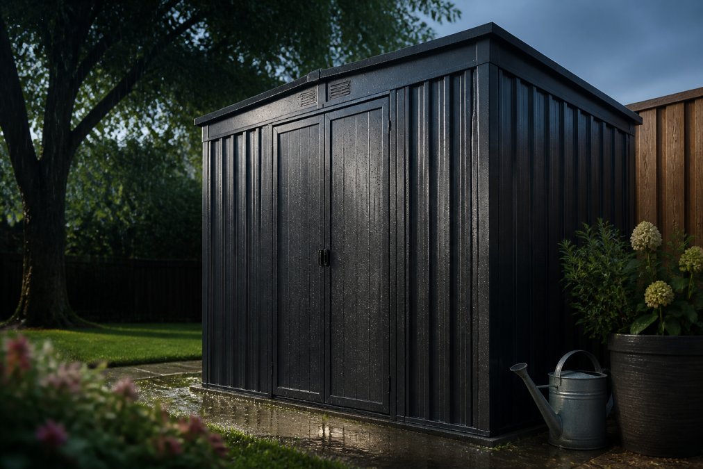 A galvanized steel storage shed standing in a suburban backyard after a rainstorm, water beading on the powder-coated panels, green lawn and trees in the background