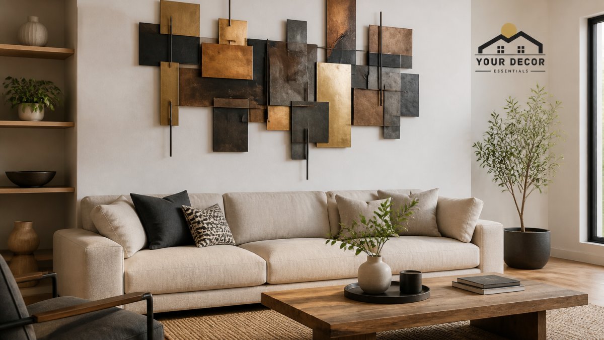 A bright modern living room with a large abstract metal wall sculpture hung above a low-profile sofa, neutral walls, warm wood flooring, and a few styled accessories on a coffee table