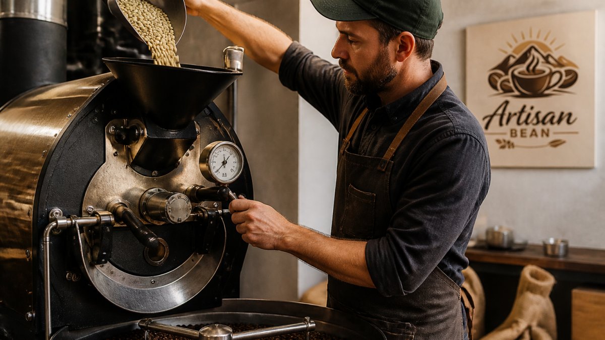 A close-up of a small-batch coffee roaster in action, with green coffee beans being poured into the drum and a roastmaster monitoring the temperature gauge under warm workshop lighting