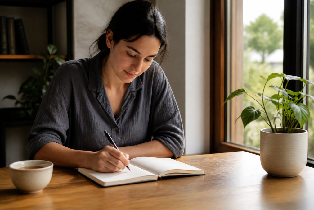 A person sitting at a wooden desk in a sunlit room, writing in an open minimalist journal with a pen, a cup of tea nearby, and a small plant in the background