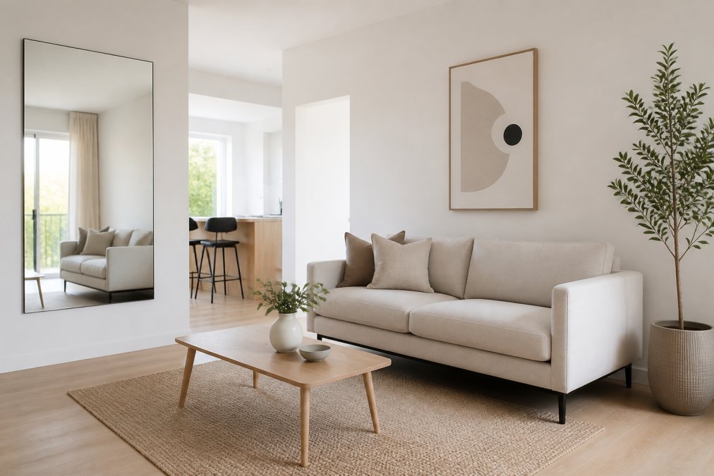 A bright, airy small living room with a neutral color palette, a slim-profile sofa, a large frameless mirror reflecting natural light, and a single piece of minimalist wall art, no clutter, open floor plan feel