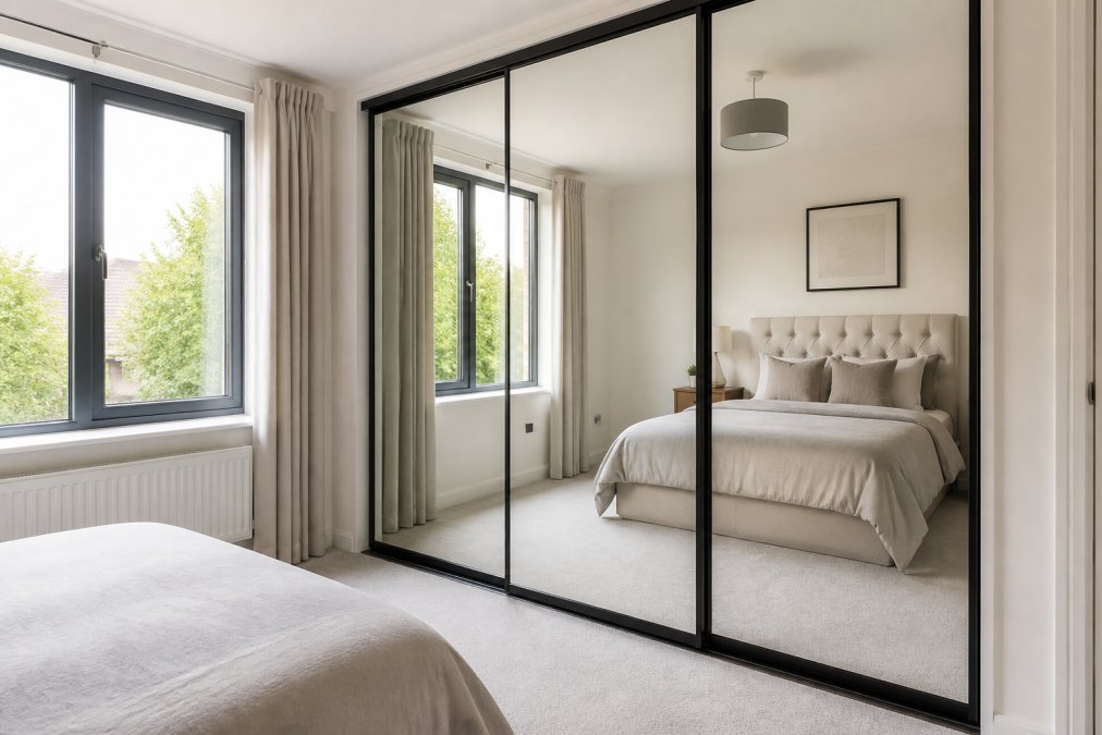 Bright modern bedroom with full-length mirrored sliding wardrobe doors reflecting daylight from a large window, showing the room appearing spacious and airy