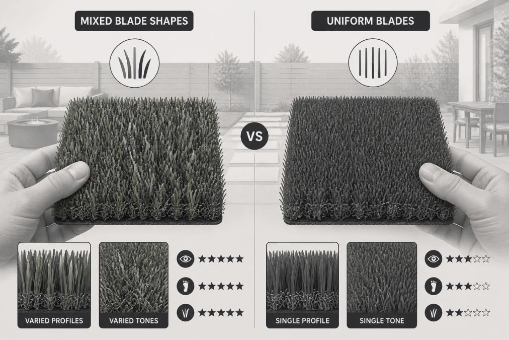 Close-up of a person's hands holding two artificial turf sample squares side by side in natural daylight, one sample showing varied blade profiles and color tones, the other flatter and more uniform, with a backyard patio softly blurred in the background