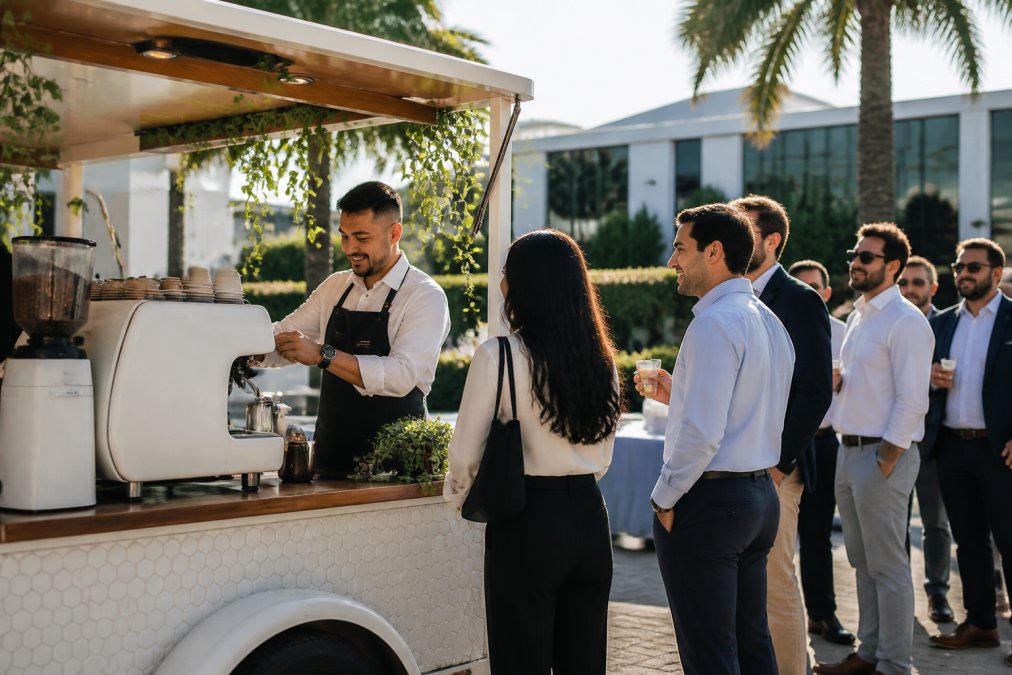 Professional barista expertly pulling espresso shots at a branded mobile coffee cart during an outdoor corporate event, with guests in business casual attire waiting in line and smiling, afternoon sunlight illuminating the custom cart design