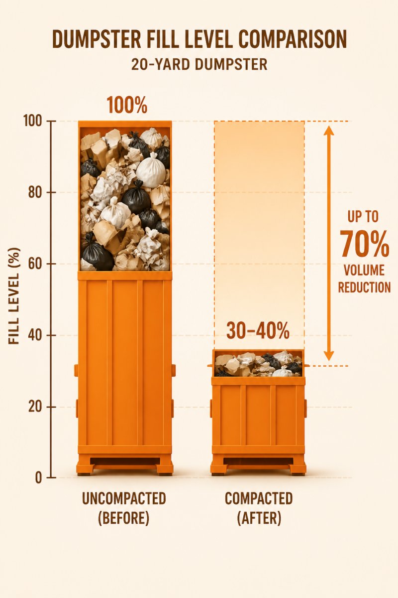 Bar chart showing 70% volume reduction in retail trash using mobile waste compaction technology.