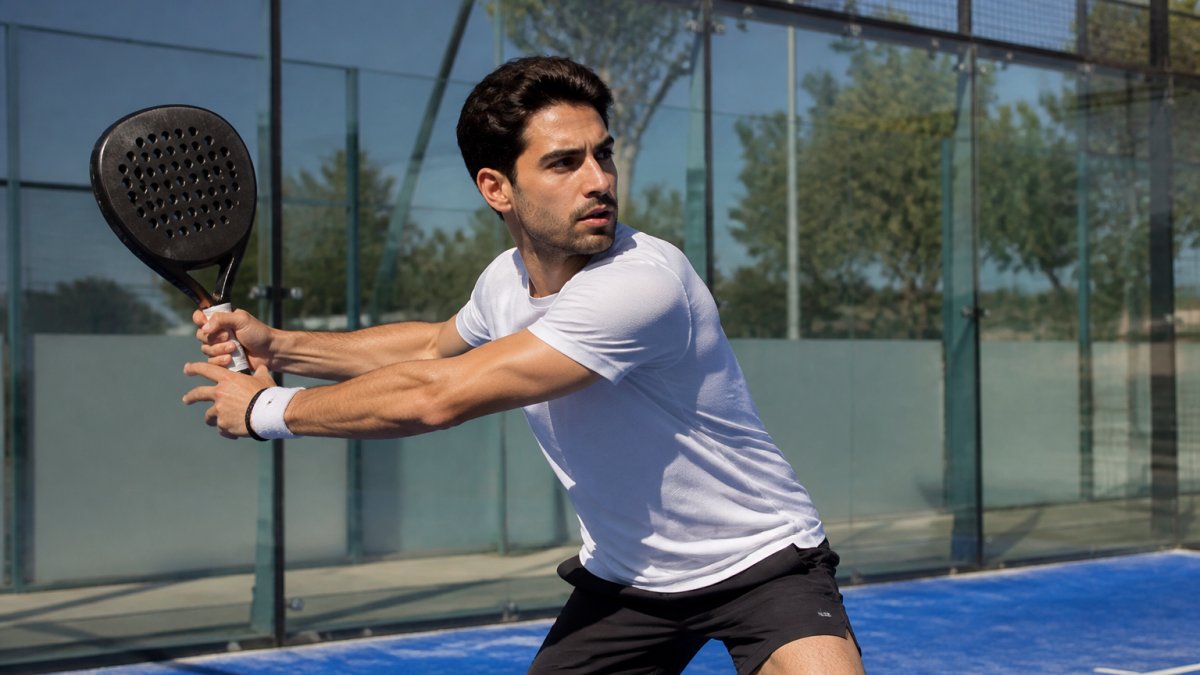 A padel player mid-rally on an outdoor court on a warm day, wearing a lightweight short-sleeve top, visibly dry and focused, with the glass wall and blue court surface behind them